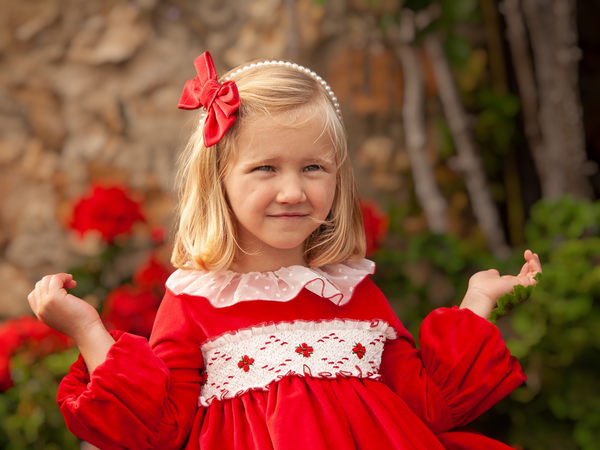 Sonata Infantil Spanish Girls Red Smocked Puffball Dress & Hairclip IN2343 - 3 Years ~ IN STOCK NOW