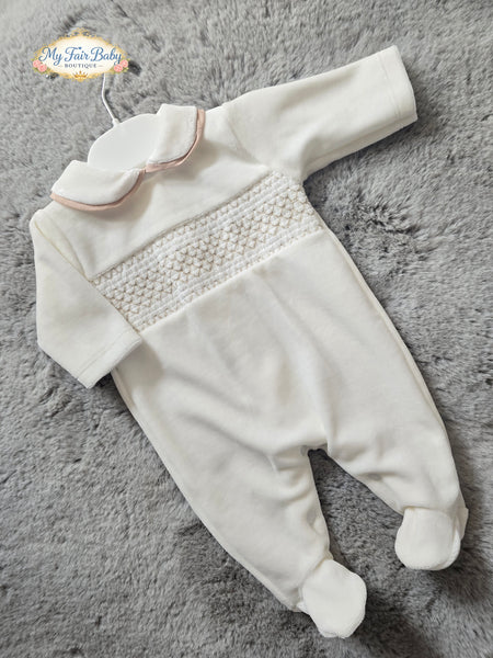 Spanish Baby Boys Cream & Camel Smocked Velour Sleepsuit/Babygrow