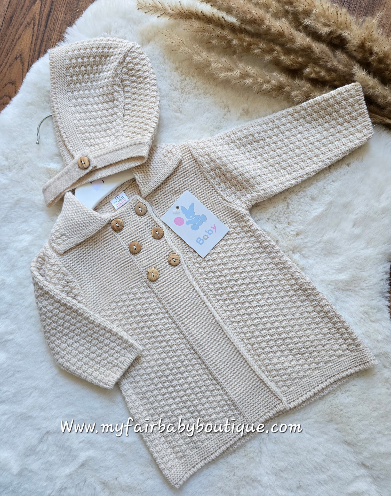 Spanish Unisex Baby Beige Honeycomb Knitted Jacket & Bonnet ~ 3-24m