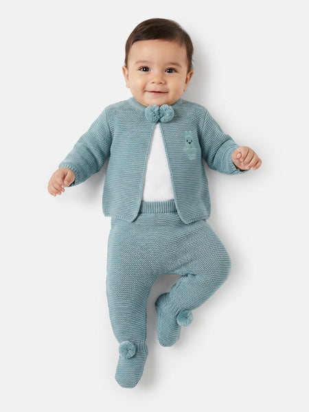 Spanish Baby Boys Green Bunny Knitted Pom Pom Trouser & Cardigan Set - 1-12m