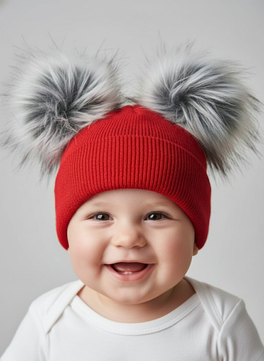 Unisex Baby Red Double Fur Pom Pom Winter Hat ~0-3y