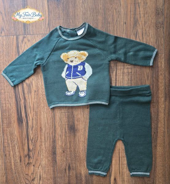 Traditional Baby Boys Green Knitted Teddy Trouser Set