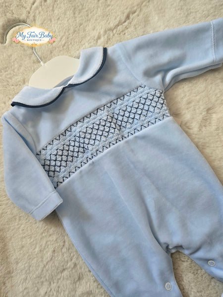 Spanish Baby Boys Blue Smocked Velour Sleepsuit/Babygrow