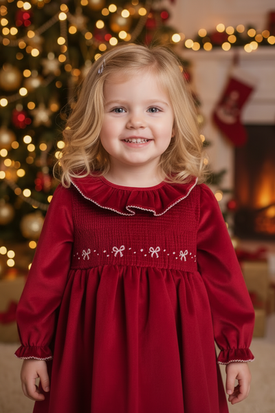 Spanish Girls Red Velvet Smocked Dress