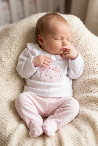 Spanish Baby Girls White & Pink Teddy 2pc Set M20 ~ NB-6m
