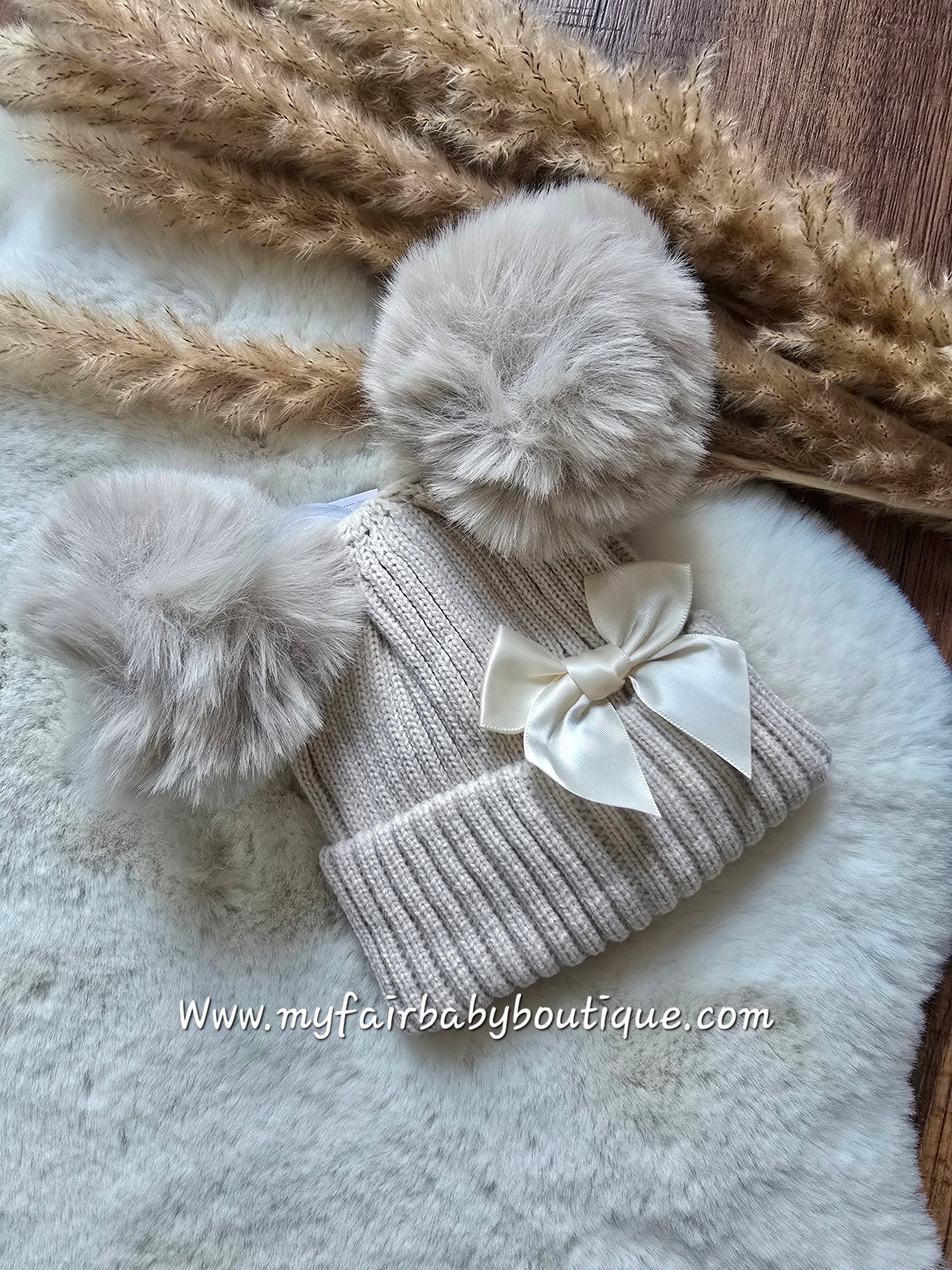 Baby Girls Beige Fur Double Pom Pom & Bow Hat - 0-6m