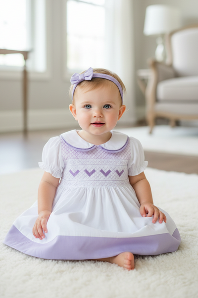 Mabini Traditional Girls White & Lilac Smocked Dress Set