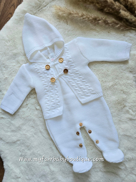 Spanish Unisex Baby White Knitted Dungarees & Cardigan Set 3120