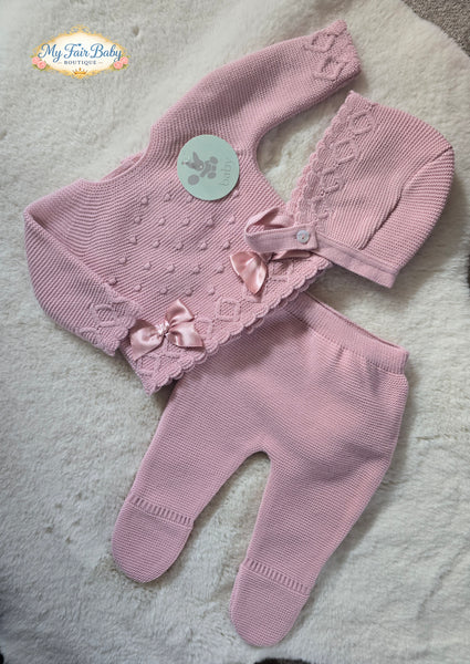Spanish Baby Girls Dusky Pink Knitted 3pc Set C1003 ~ NB-12m