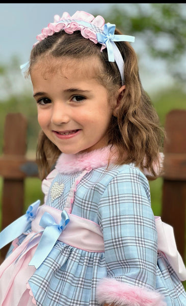 Sonata Infantil AW25 Spanish Girls Blue & Pink Check Puffball Dress IN2519 ~ MADE TO ORDER