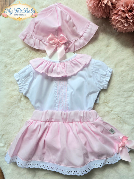 Spanish Baby Girls Pink Smocked Summer Skort & Hat Set M002S ~ 6-24m