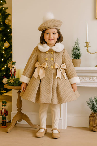 Sonata Infantil AW25 Spanish Girls Camel Velvet Fur Trimmed Winter Coat NA2503 3y- IN STOCK NOW