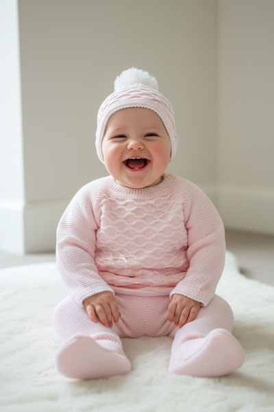 Spanish Baby Girls Pink & White Knitted Lattice 3PC Set C7005 - 1-6m