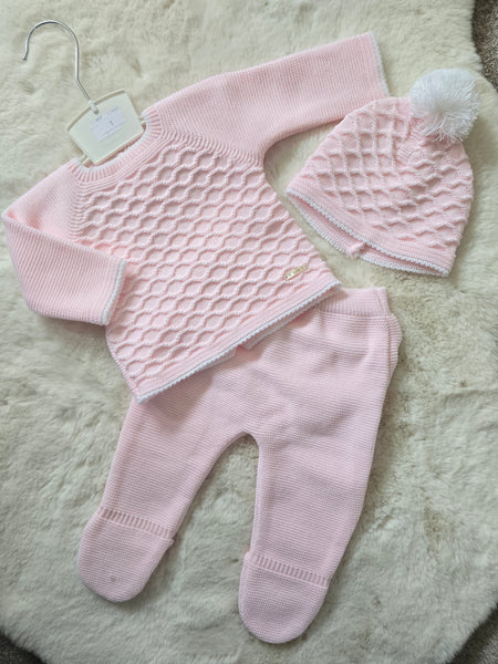 Spanish Baby Girls Pink & White Knitted Lattice 3PC Set C7005 - 1-6m