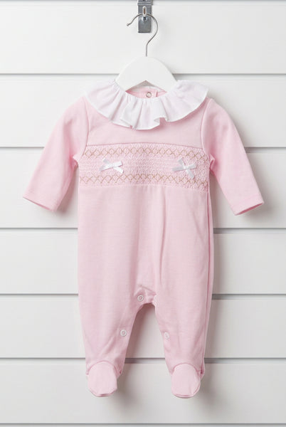 Spanish Baby Girls Pink Smocked Cotton Sleepsuit/Babygrow SG66 ~ NB-3m