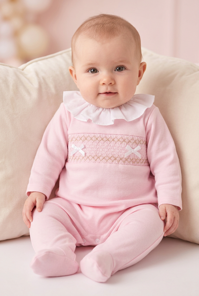 Spanish Baby Girls Pink Smocked Cotton Sleepsuit/Babygrow SG66 ~ NB-3m