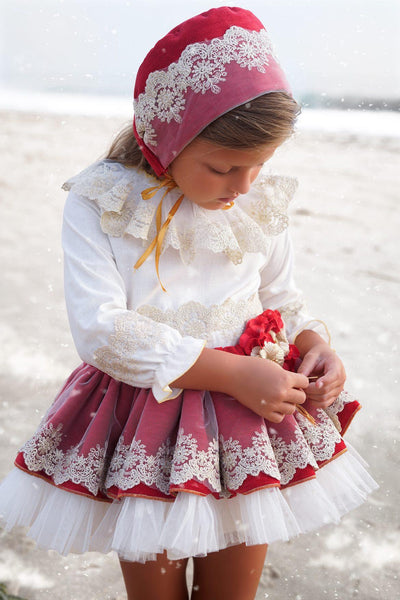 Ela Confeccion AW25 Spanish Girls Red & Cream Lace Skirt & Blouse Set - 5,6,8y ~ IN STOCK NOW