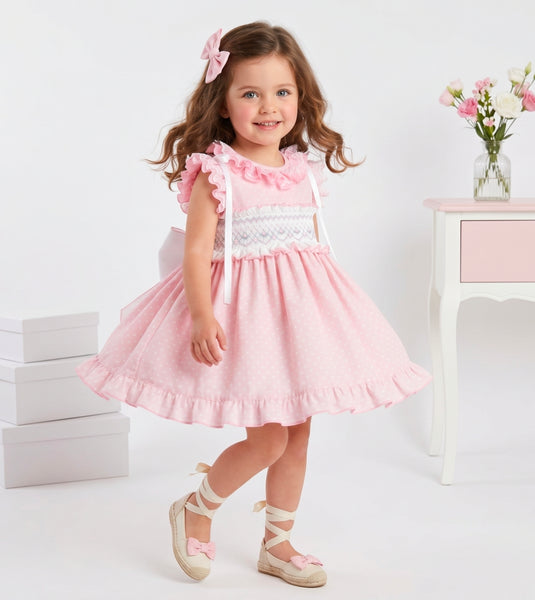 Sonata Infantil SS26 Girls Pink Polkadot Smocked Puffball Dress VE2630 ~ MADE TO ORDER