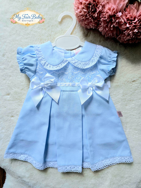 Spanish Baby Girls Blue Pique Pleated Dress V004B
