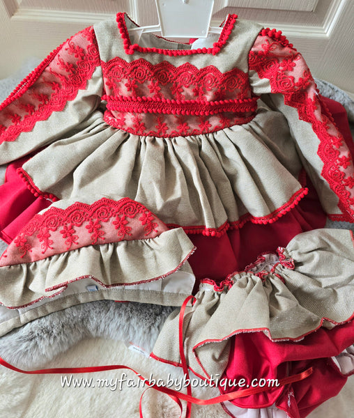 Ela Confeccion AW25 Spanish Girls Red & Gold Lace Puffball Dress ~ 2-8y - IN STOCK NOW