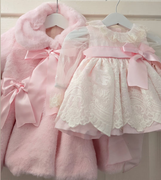 Sonata AW25 Spanish Girls Pink Fur Coat & Lace Dress Set IN2522 - MADE TO ORDER