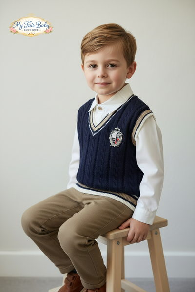 Beau Kid Traditional Boys Navy & Camel Tank Top 3pc Set 2802