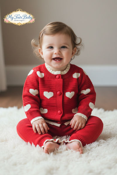 Beau Kid Traditional Baby Girls Red Knitted Trouser & Cardigan Set 30361b