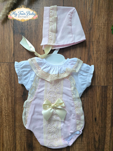 Spanish Baby Girls Pink & Cream Lace Romper Set