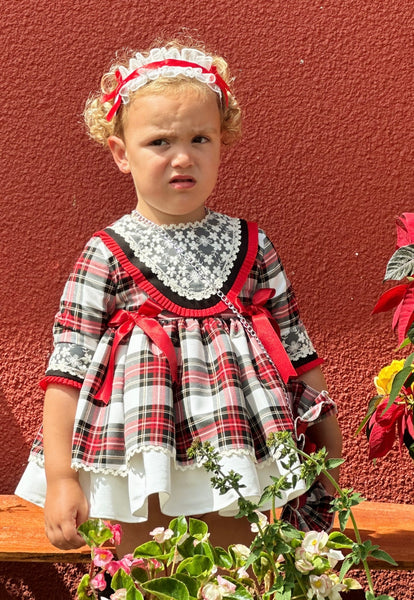 Sonata Infantil AW25 Spanish Girls Red Plaid Christmas Puffball Dress IN2501 ~ MADE TO ORDER