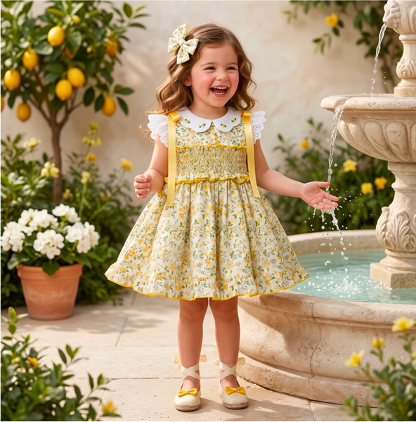 Sonata Infantil SS26 Girls Yellow Floral Smocked Puffball Dress VE2632 ~ MADE TO ORDER