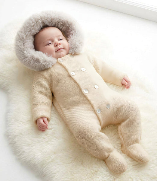Traditional Unisex Baby Natural Fur Trimmed Knitted Snowsuit