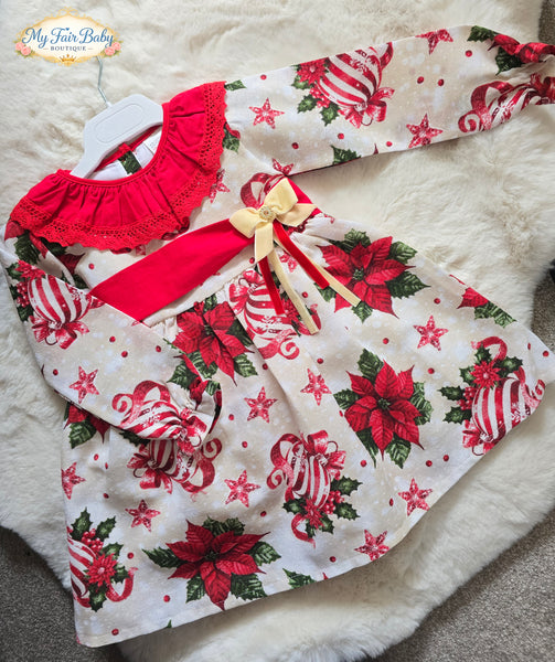 Traditional Girls Red Poinsetta Christmas Dress ~ 1-6y