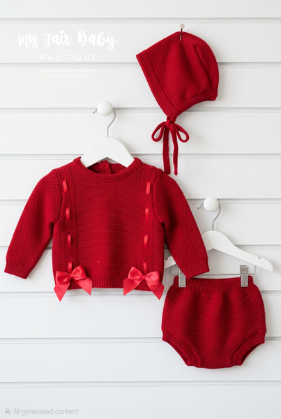 Spanish Baby Girls Red Knitted Bow Jam Pant 3pc Set