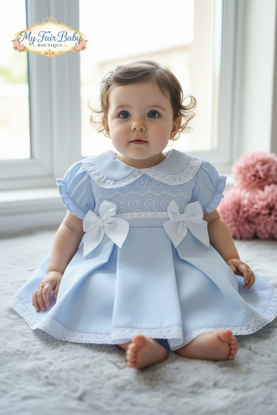 Spanish Baby Girls Blue Pique Pleated Dress V004B