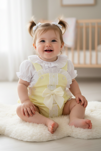 Spanish Baby Girls Lemon Waffle Lace & Bow Romper M002Y