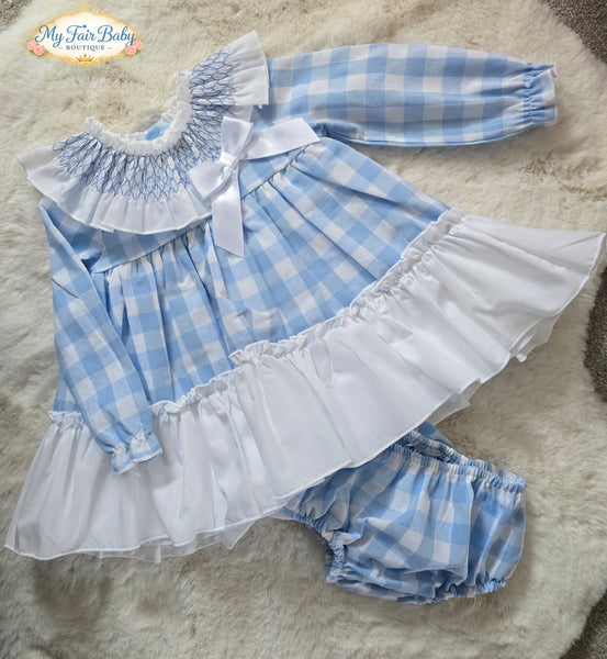 Spanish Baby Girls Blue Checkered Smocked Dress & Pants