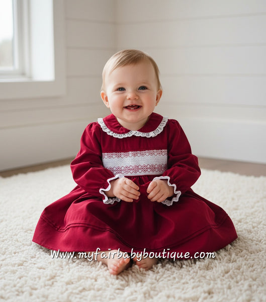 Mabini Traditional Spanish Girls Burgundy Smocked Christmas Dress 2827 ~ 0-6y