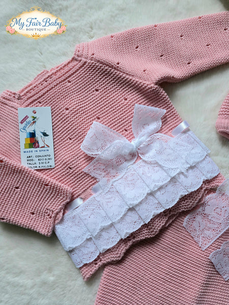 Spanish Creaciones Gavidia Baby Girls Dusky Pink Knitted 3pc Set 8213