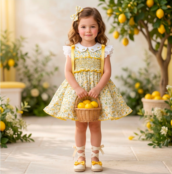 Sonata Infantil SS26 Girls Yellow Floral Smocked Puffball Dress VE2632 ~ MADE TO ORDER