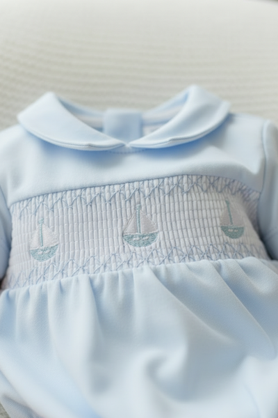 Spanish Baby Boys Pale Blue Smocked Sailboat Romper