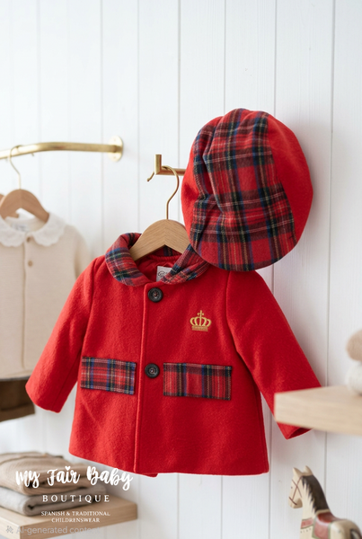 Beau Kid Traditional Baby Boys Red Tartan Jacket & Cap Set ~ 0-12m