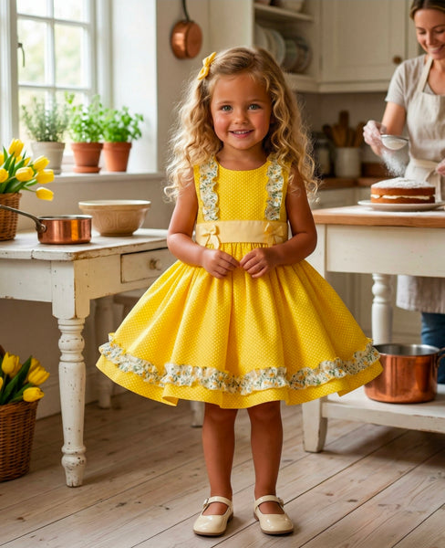 Sonata Infantil Spanish Girls Yellow Polkadot Dress VE2625 - MADE TO ORDER