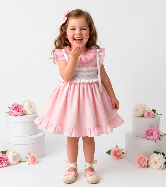 Sonata Infantil SS26 Girls Pink Polkadot Smocked Puffball Dress VE2630 ~ MADE TO ORDER