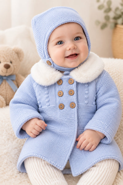 Spanish Unisex Baby Blue Knitted Fur Collar Jacket & Bonnet ~ 3-24m
