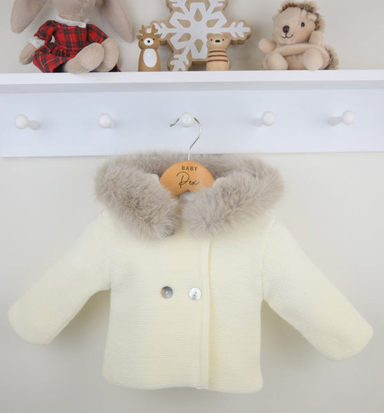 Traditional Unisex Baby Ivory Fur Trimmed Knitted Jacket