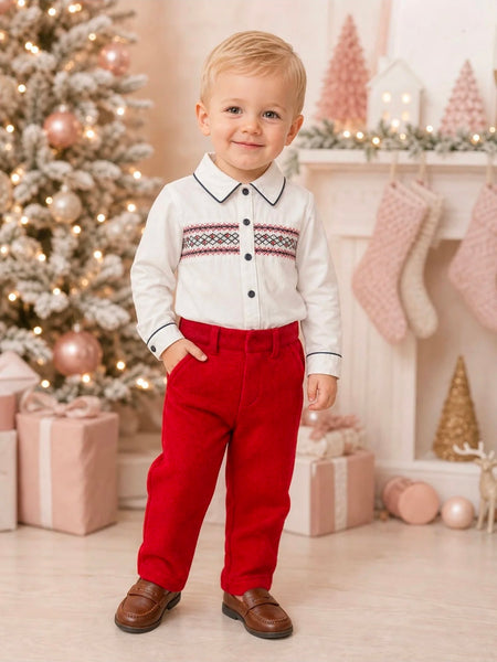 Beau Kid Traditional Boys Red Smocked Shirt & Trouser Set 2500~ 9m-5y