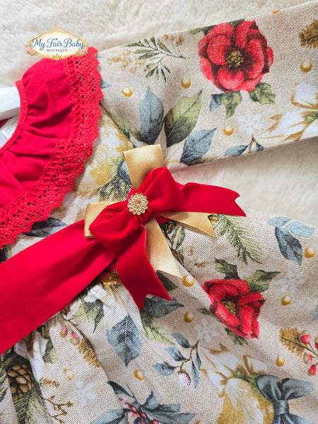 Traditional Girls Red Printed Christmas Dress ~ 1-6y
