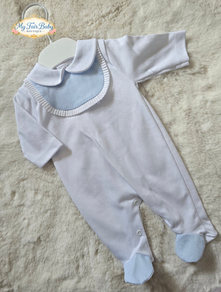 Spanish Baby Boys White & Blue Cotton Sleepsuit/Babygrow
