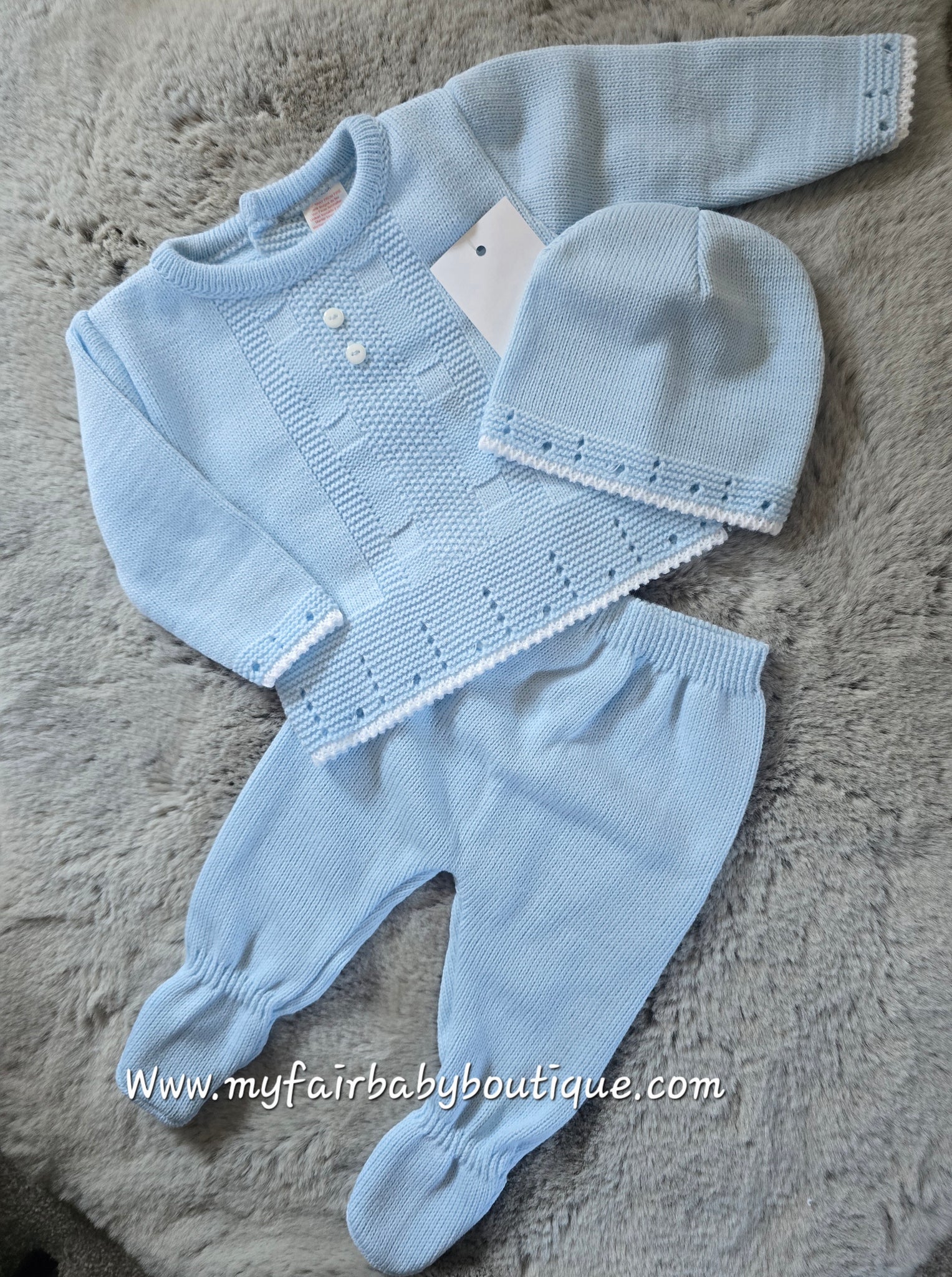 Spanish Baby Boys Blue Knitted 3pc Set ~ 0-3m