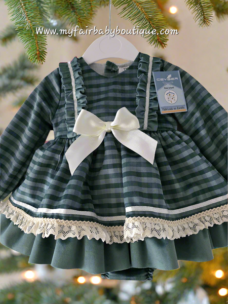 Ceyber AW25 Spanish Girls Green Velvet Checked Dress B2550 ~ 12m-6y
